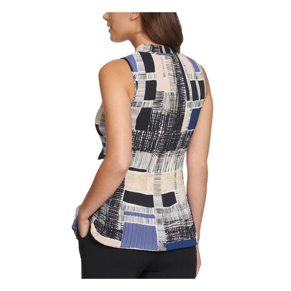 DKNY Womens Black Pleated Printed Sleeveless Tie Neck Evening Top S - Picture 2 of 4